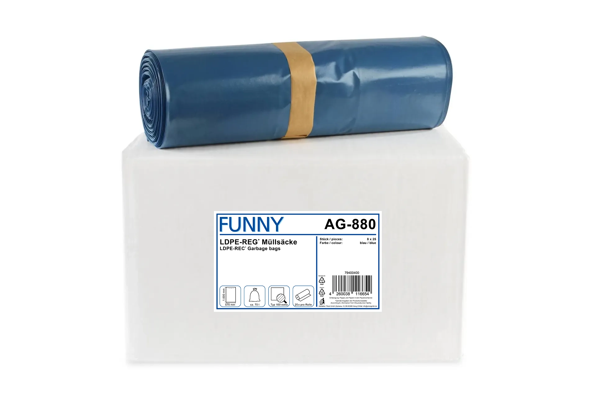 AG-880 LDPE-Regenerat Müllsäcke, blau, Typ 100 extra, 70 l, 575 x 1.000 mm, 200 Stück