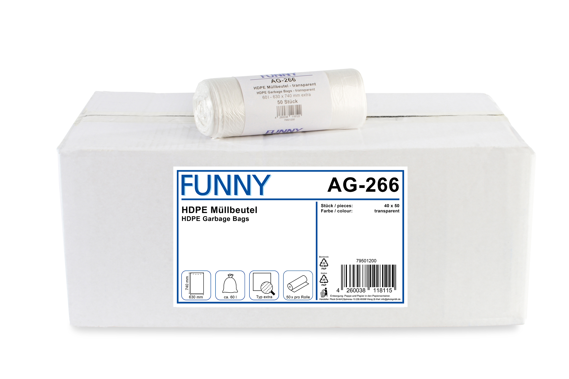 AG-266 HDPE Müllbeutel, extra, natur, 60 l, 630 x 740 mm, 2.000 Stück