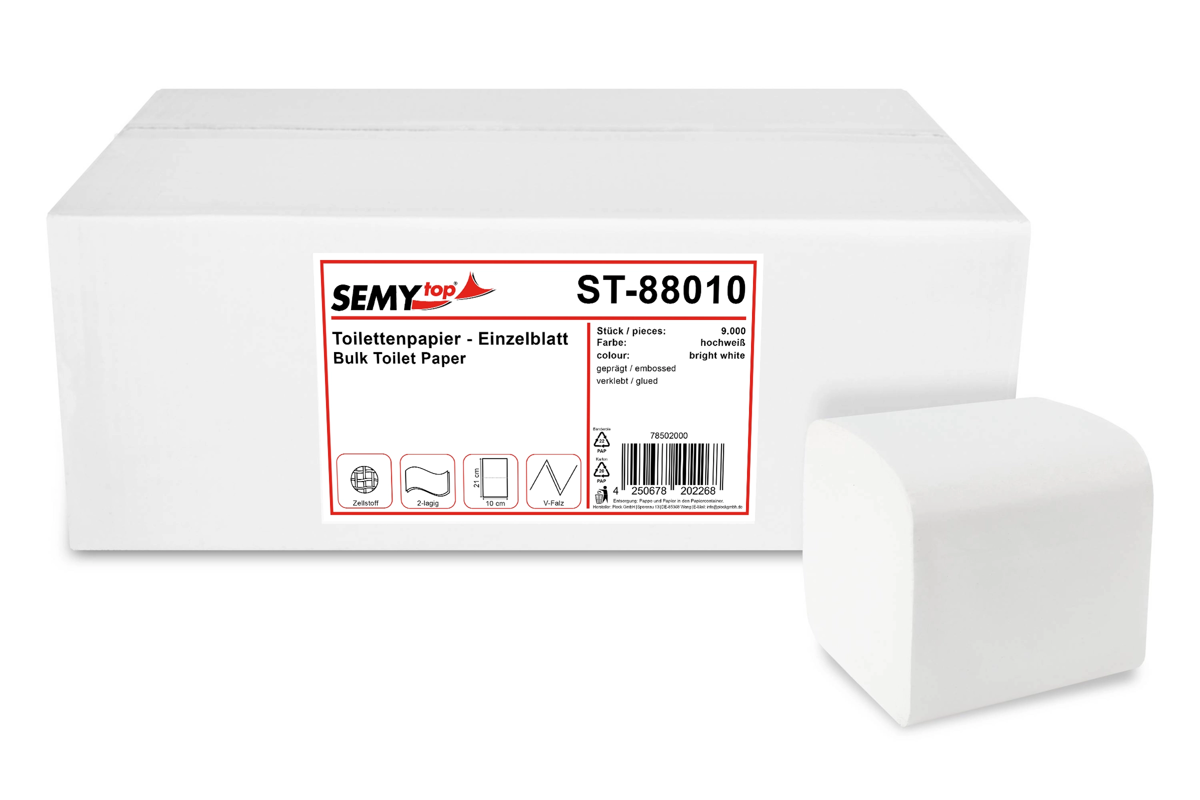 ST-88010 Toilettenpapier Einzelblatt, 2-lagig, 10 x 22 cm, hochweiß, 9.000 Blatt
