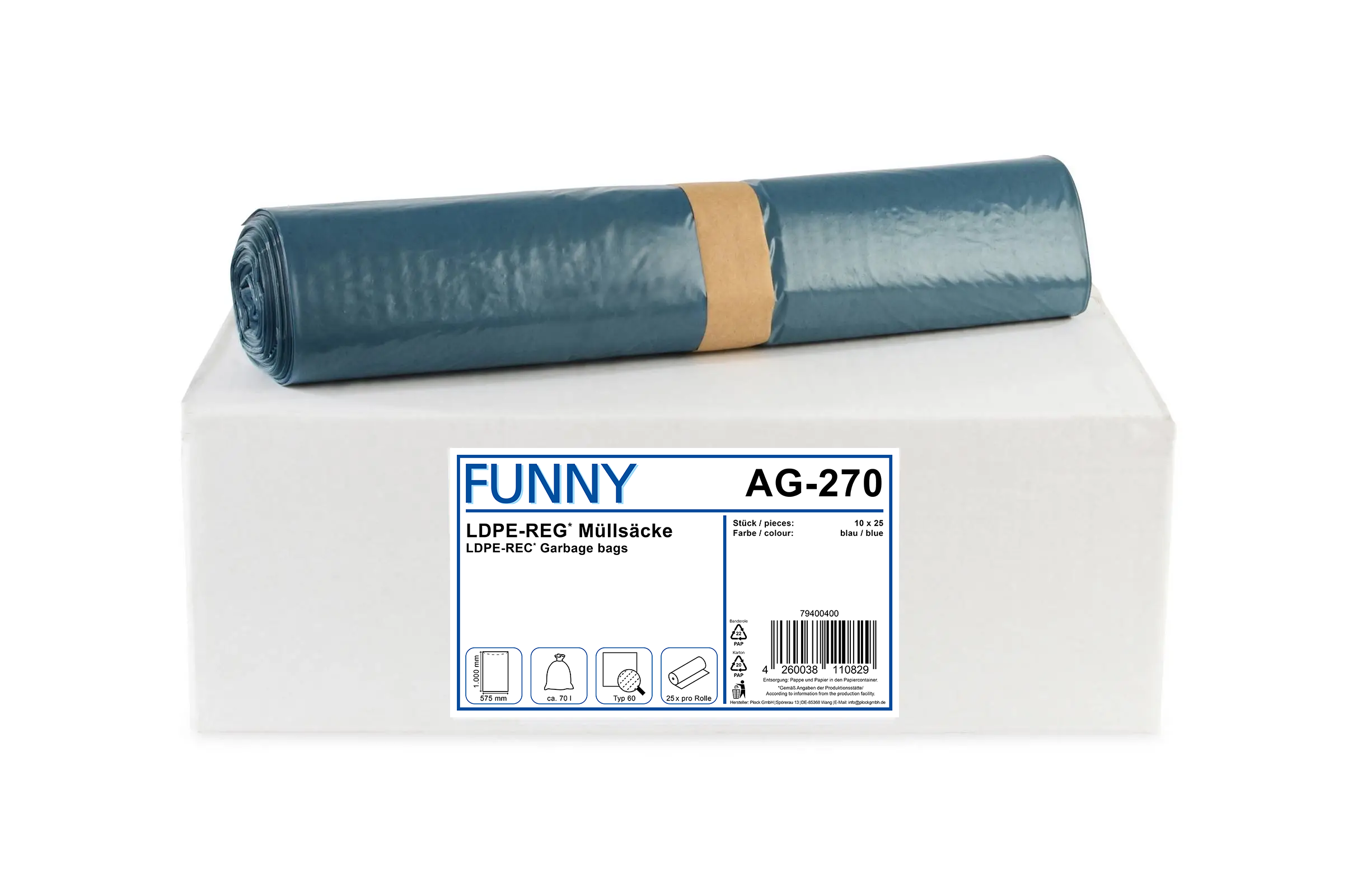 AG-270 LDPE-Regenerat Müllsäcke, blau, Typ 60, 70 l, 575 x 1.000 mm, 250 Stück