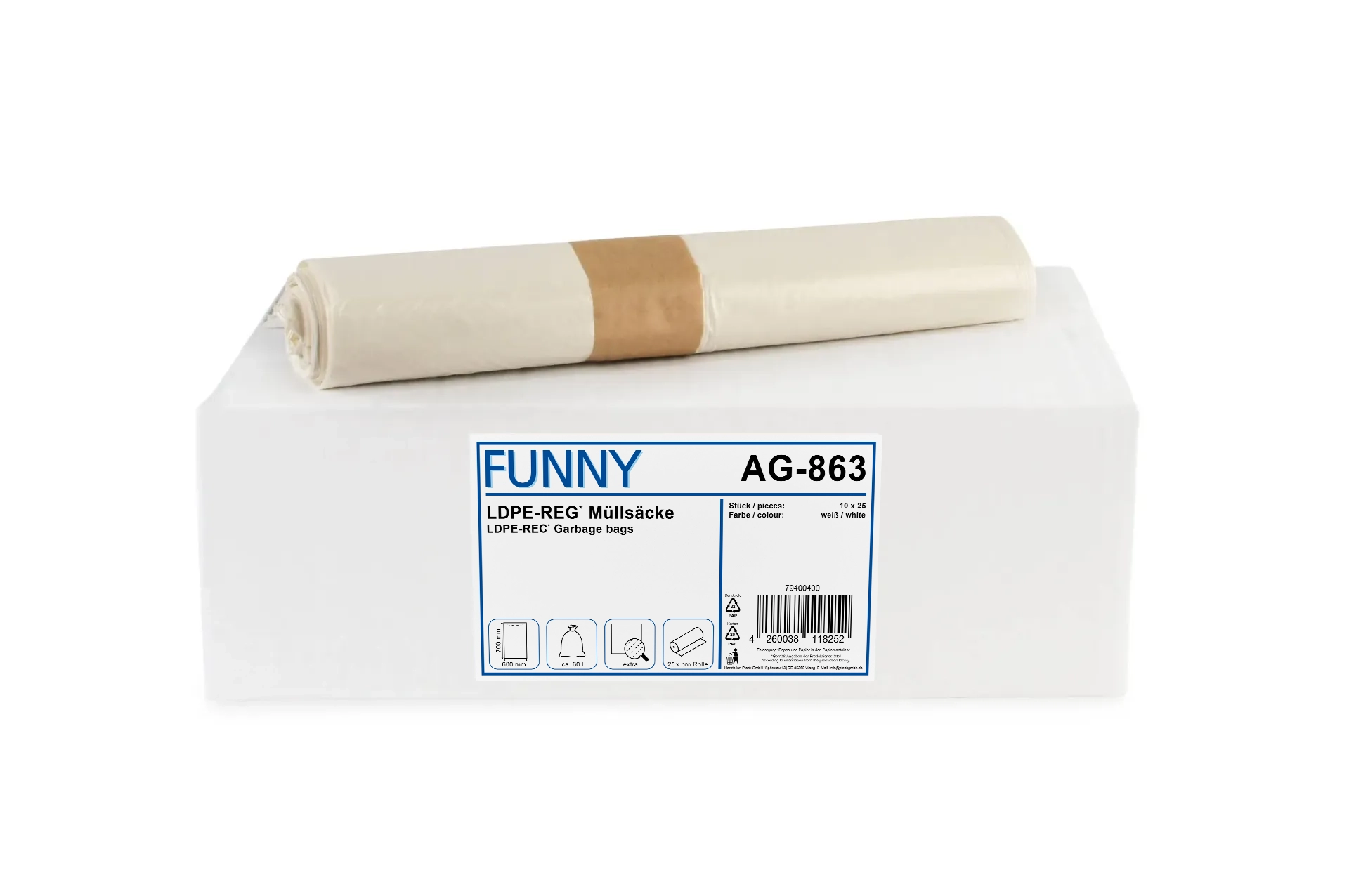 AG-863 LDPE-Regenerat Müllbeutel, weiß extra, ca. 60 l, 600 x 700 mm, 250 Stück