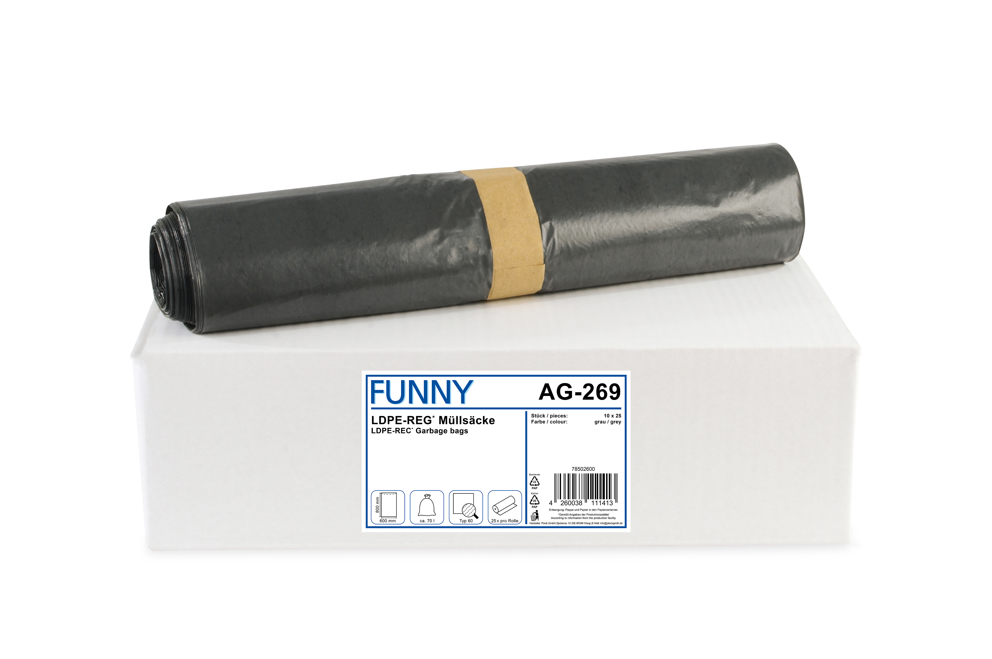 AG-269 LDPE-Regenerat Müllsäcke, grau, Typ 60, 70 l, 600 x 800 mm, 250 Stück