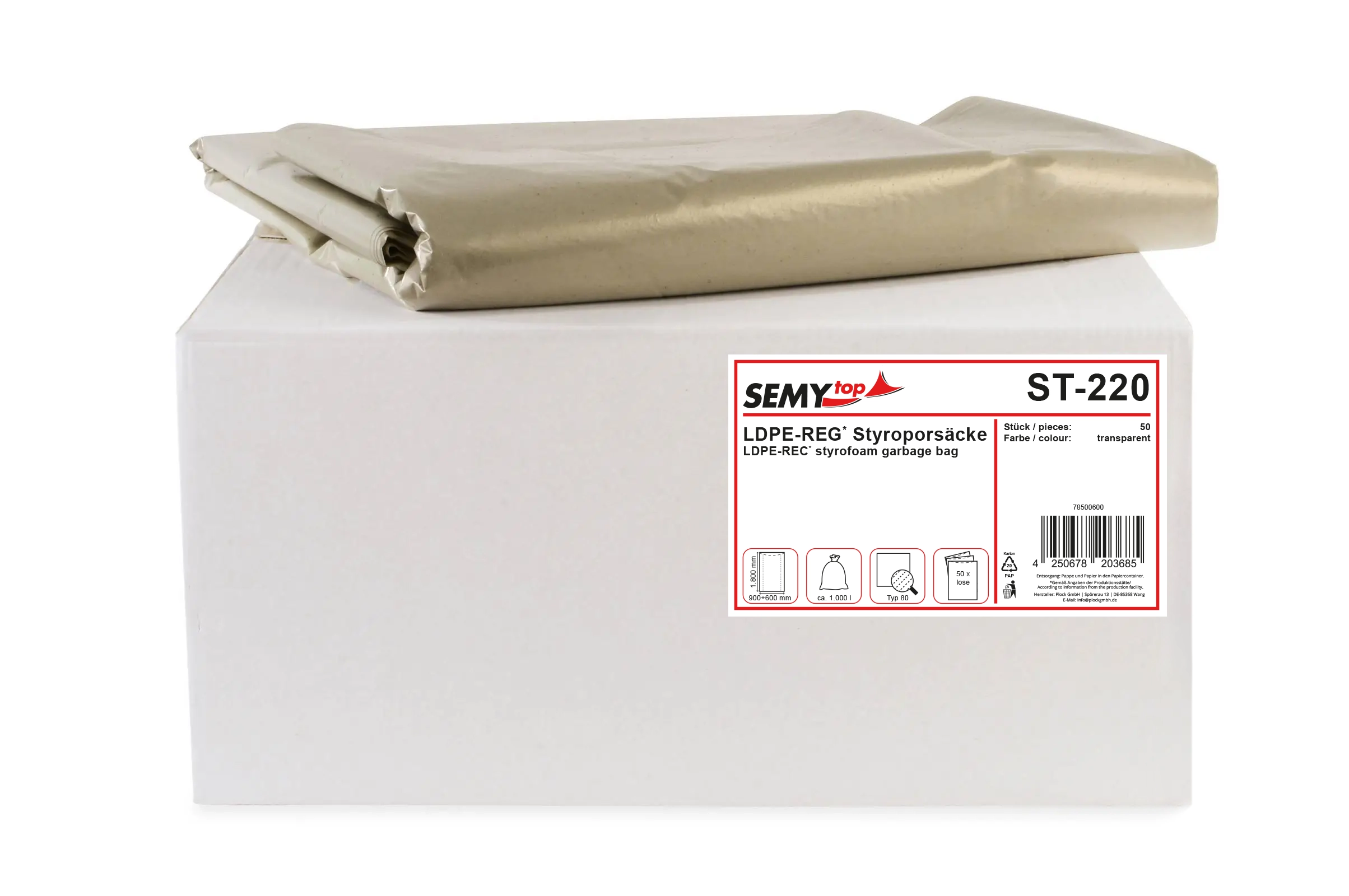 ST-220 LDPE-Regenerat Styroporsäcke, transparent, Typ 80, ca. 1.000 l, 900+600 x 1.800 mm, 50 Stück